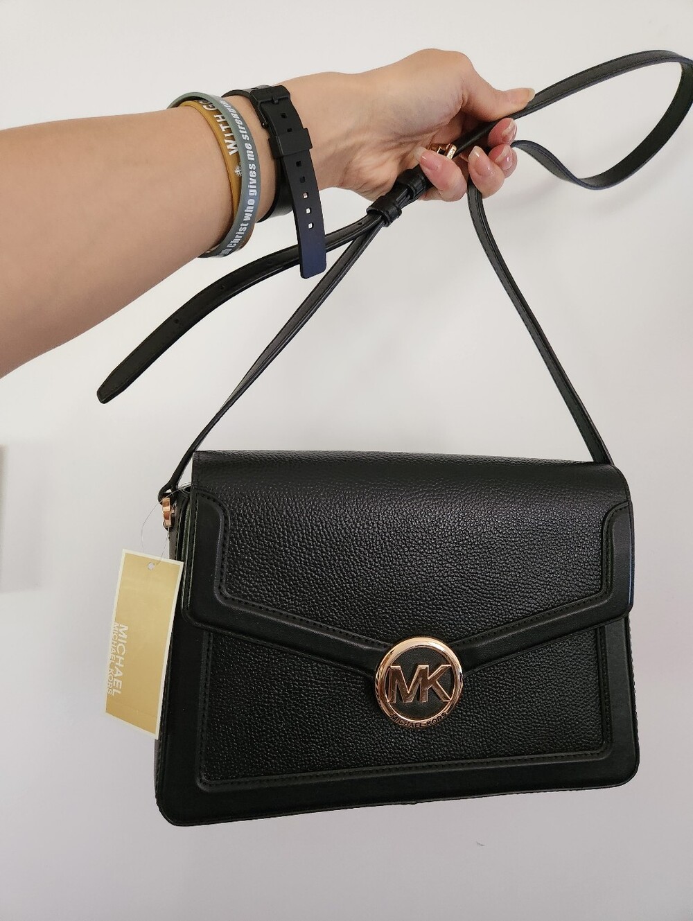 New Michael Kors Black Pebbled Leather Shoulder Bag with Gold MK Emblem